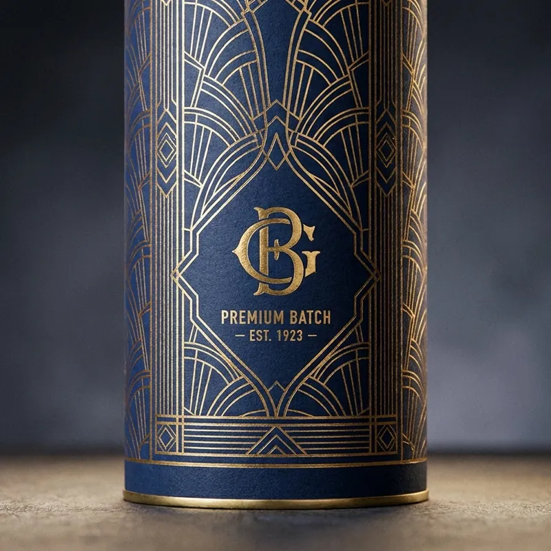 Exemplo: Tubo de papel cartão com hot stamping dourado